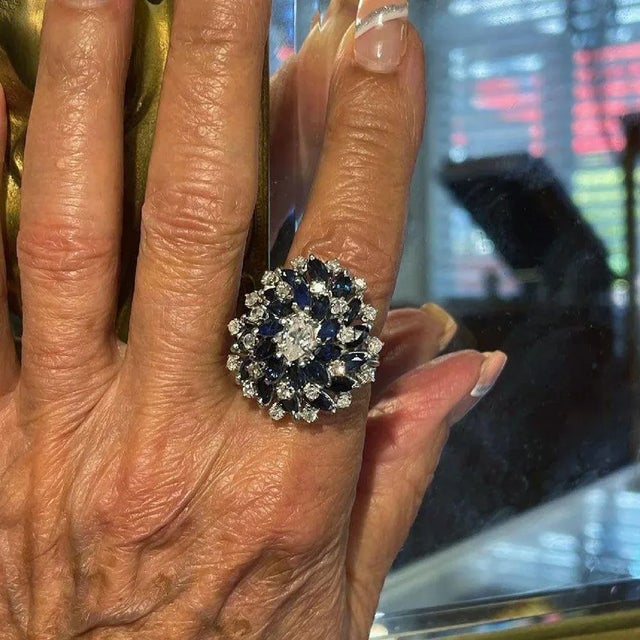 1980s Marquise Diamond & Sapphire Cocktail Ring Size 7 For Sale - Image 6 of 7