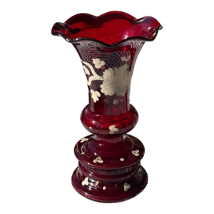 Antique Late 19th Century Cranberry Glass Vase With Raised White Enamel Decoration