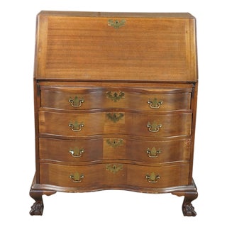 Antique Chippendale Serpentine Oxbow Mahogany Secretary Library Writing Desk 33" For Sale