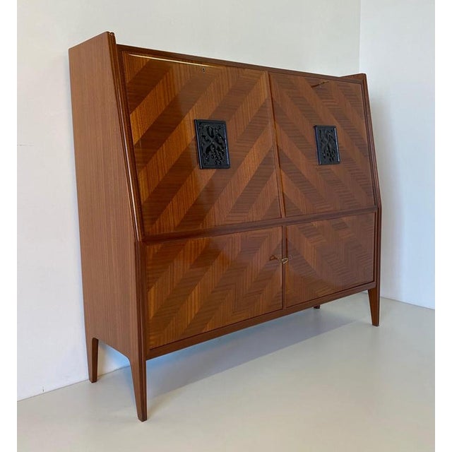 Italian Secretaire with Geometric Veneer and Carved Panels, 1950s For Sale - Image 3 of 12