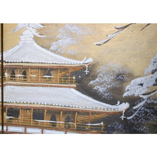 1960s "Winter Landscape With Temple", Showa Era Japanese Silk Byobu Screen For Sale - Image 9 of 18