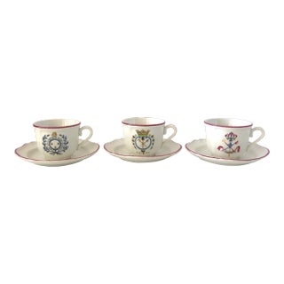 Vintage Saint-Armand French Revolution Faience Teacups and Saucers - Service for 3 For Sale