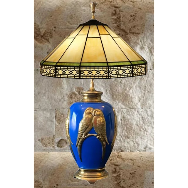 Blue Vintage Brass Lamp: Love Birds Relief Design For Sale - Image 8 of 12