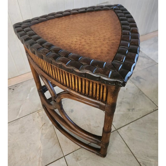 Mid Century French Country Side Table Bamboo Leather Rattan Faux Ostrich 22.5 h x 19.5 w x 19 d preowned original...