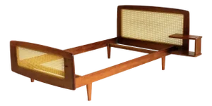 French Bed in Mahogany and Rattan by Roger Landault for Ligne Roset, 1960