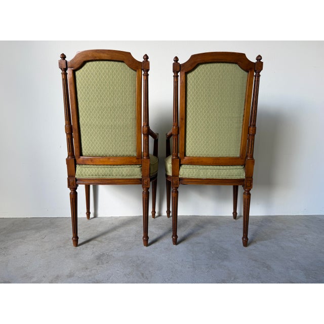 Vintage French Louis XVI Style Carved Walnut Armchairs With Green Upholstery – A Pair For Sale - Image 4 of 12