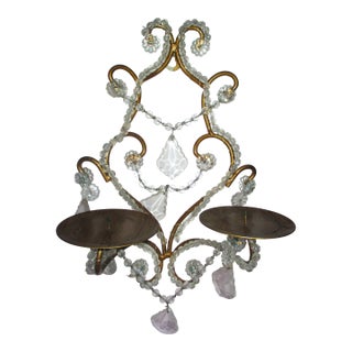 Vintage Hollywood Regency Ornate Gold Tole & Crystal Prisms Double Candle Wall Sconce For Sale