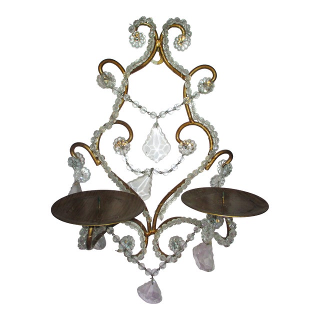 Vintage Hollywood Regency Ornate Gold Tole & Crystal Prisms Double Candle Wall Sconce For Sale
