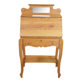 Antique Victorian Petite Oak Mirrored Slant Top Secretary Ladies Writing Desk For Sale