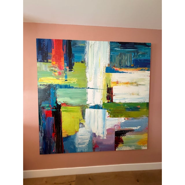 Stunning Abstract oil painting. Large scale, 70” x 70”. Artist unknown. A beautiful, vibrant addition to a larger wall....
