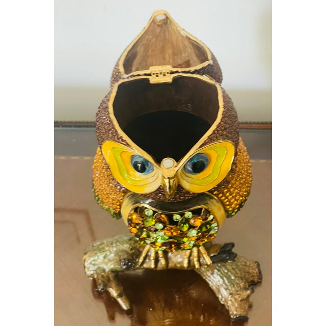 Gorgeous 10” owl figurine that opens as treasure box made in polychrome enamel on bronse and richly encrusted with...