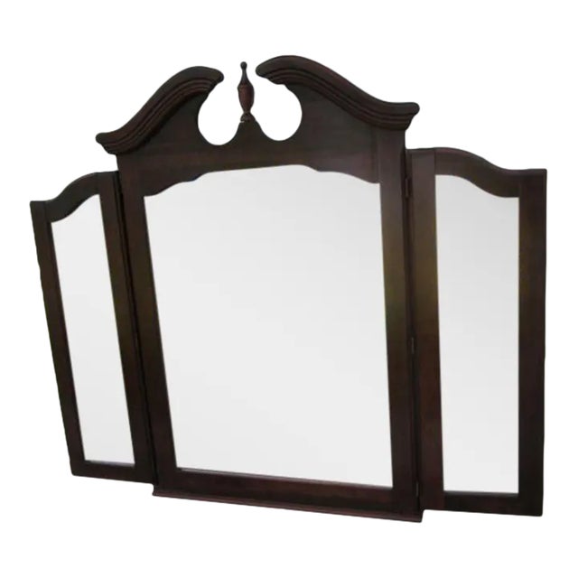 Vintage Colonial Solid Wood Tri-Fold Mirror For Sale