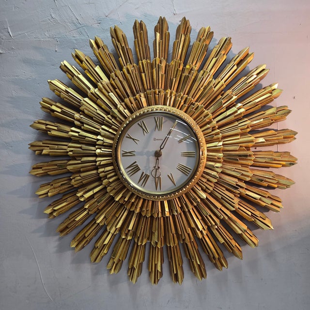 Circa 1969 Syroco Sculptural Gold Starburst Wall Clock For Sale - Image 9 of 10