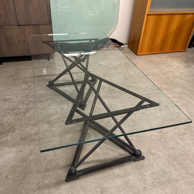 Metal Formations Dual Iron Pedestal Base Glass Dining Table For Sale - Image 7 of 16
