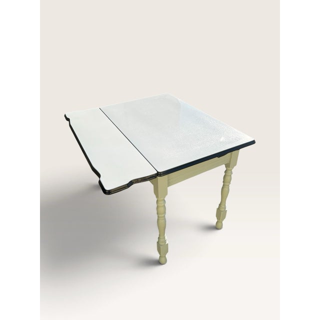 1940s Vintage Porcelain Enamel Kitchen Table Pull Out Leaves Sage Green 40-62" For Sale - Image 5 of 10