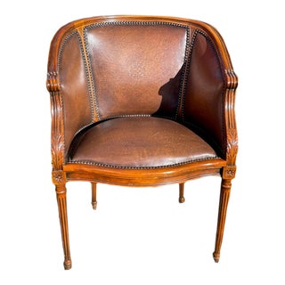 1990s Theodore Alexander Mahogany and Leather Barrel Back Chair For Sale