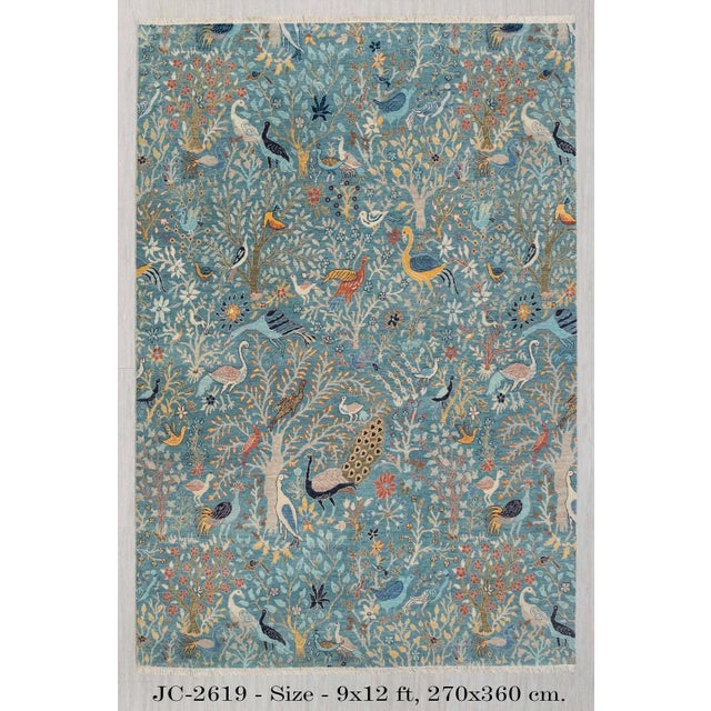 Blue Peacock Birds Garden Scene Soft Hand Knotted Hand Spun Wool Rug 5x8Ft. For Sale - Image 15 of 18
