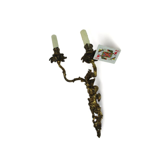 Late 19th Century French Bronze Double Candle Sconce Electrified Louis XV Style Gilt Bronze Cherub Ormolu Dore Antique For Sale - Image 4 of 12