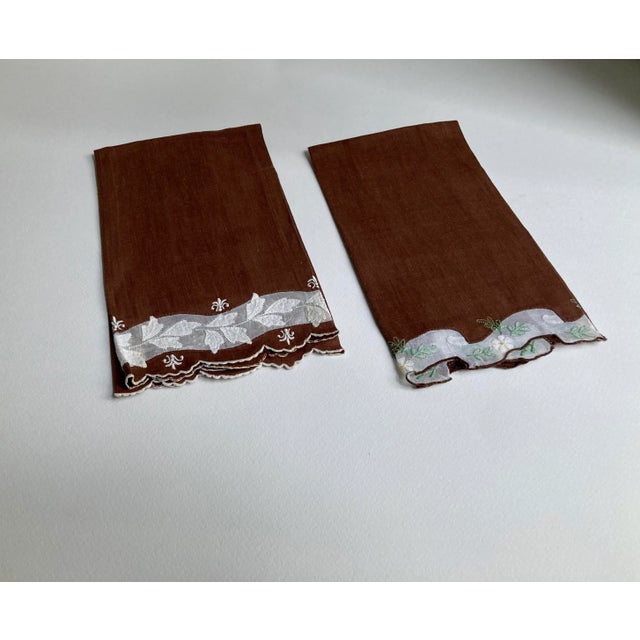 Two Vintage White hand embroidered Coffee Linen Hand Towels. Powder Room. Guest Room. Featuring a scalloped Deep Brown...