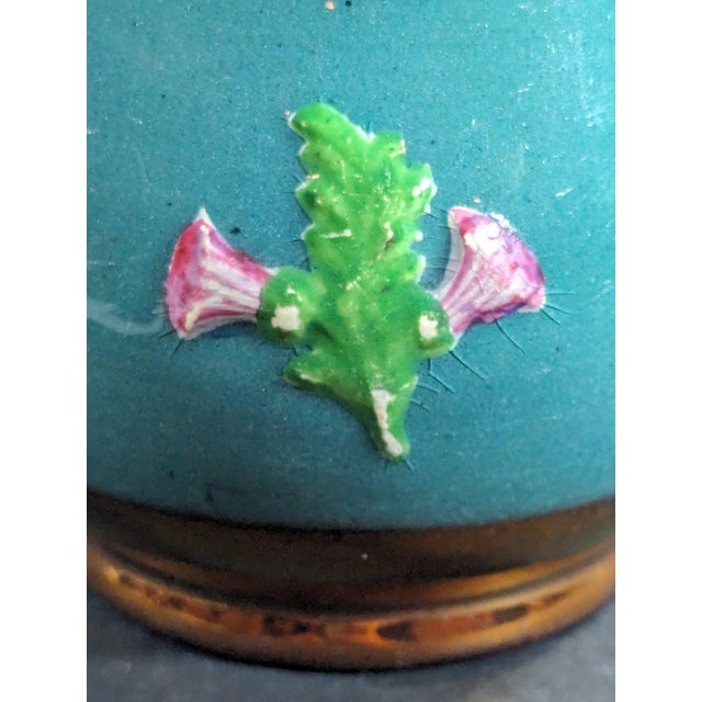 Ceramic 1850's English Copper Luster Ware Pitcher With Hand Painted Motif on Teal Colored Band For Sale - Image 7 of 10