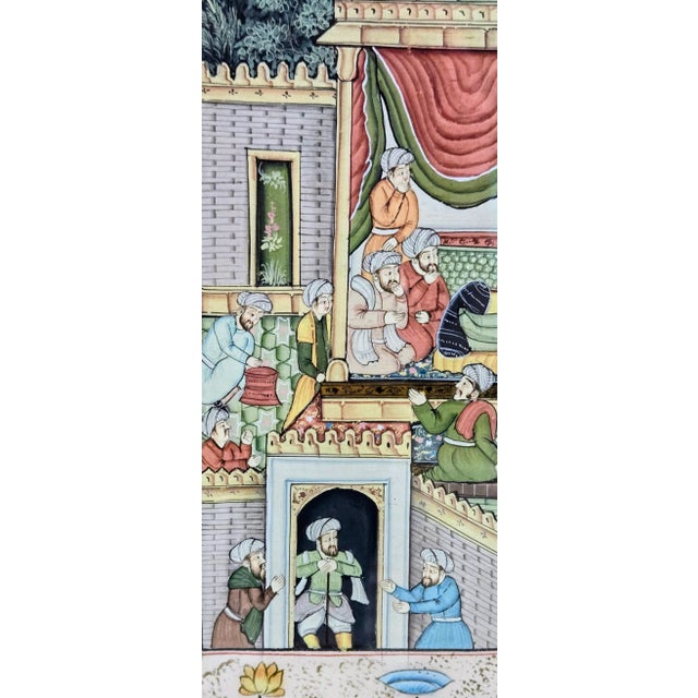 Hand-Painted Mughal Courtly Scene – Framed Art Depicting Emperor Akbar Era, Lake Palace Hotel Provenance For Sale - Image 4 of 9