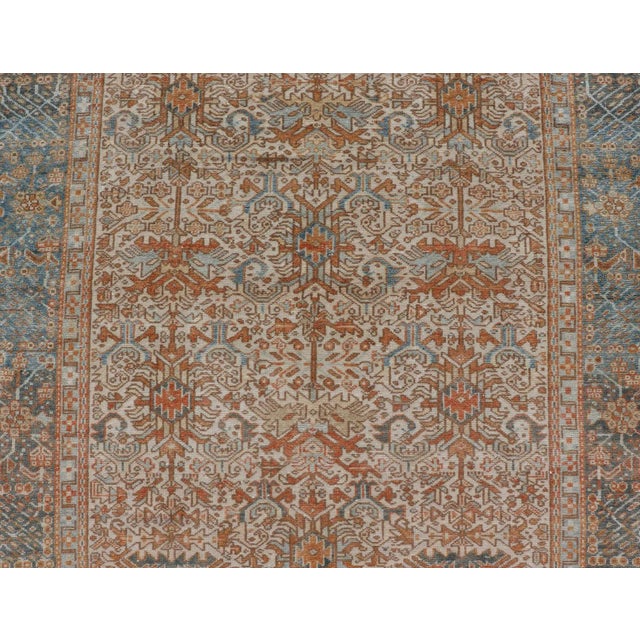 Textile Antique Persian Gallery Heriz Rug With Geometric Design in Copper and Blue 5'1 X 12'3 For Sale - Image 7 of 15