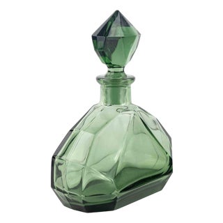 Vintage Cubist Art Deco Decanter in Green Art Glass, France, 1930s For Sale