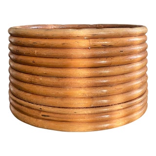 1960s Mid Century Paul Frankl Style Stacked Rattan Round Large Basket For Sale