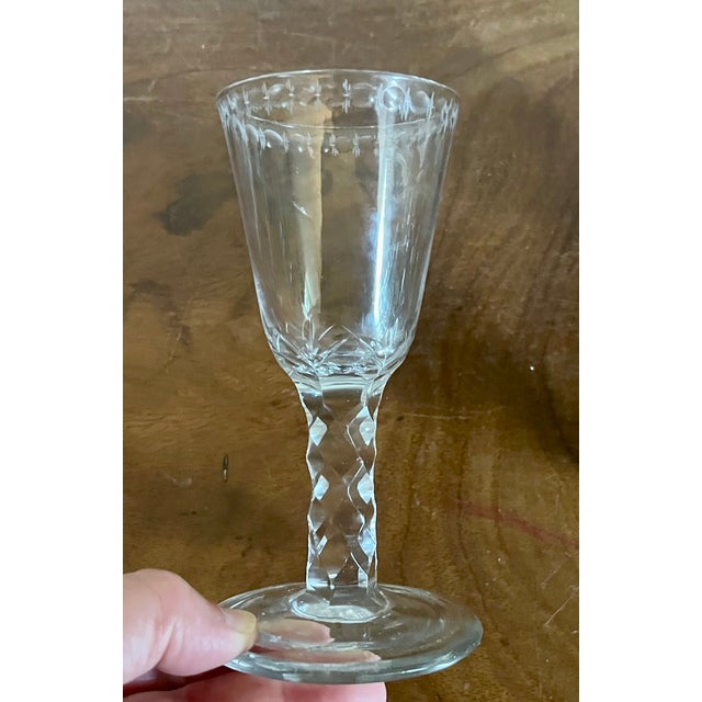 Set 6 antique 19th century English George III Anglo Irish facet cut crystal sherry wine glasses. Each glass cut on the rim...