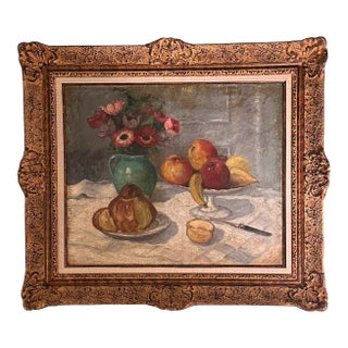 Antique French School Still Life Oil Painting of Fruit & Flowers, Late 19th–Early 20th Century For Sale
