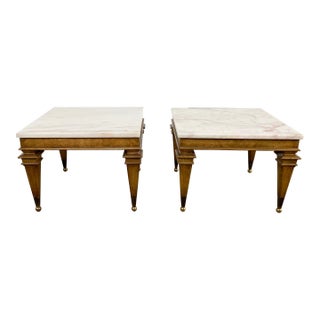 Vintage MCM Weiman Carved Wood Marble Top Tables, Pair For Sale