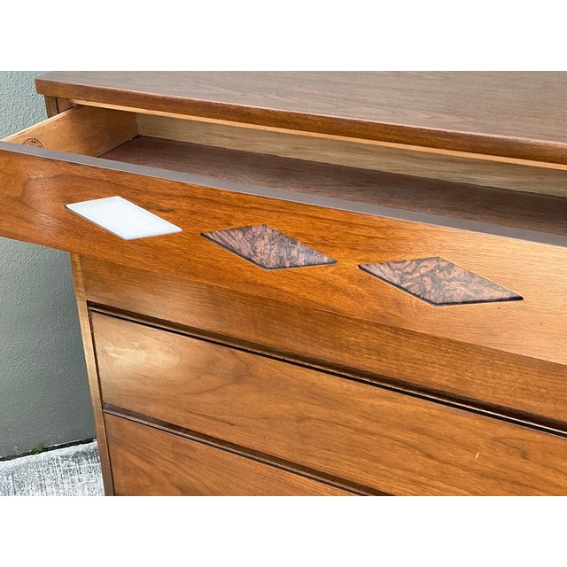 Brown Vintage MCM Bassett Interchangeable Diamond Tall Chest of Drawers For Sale - Image 8 of 12