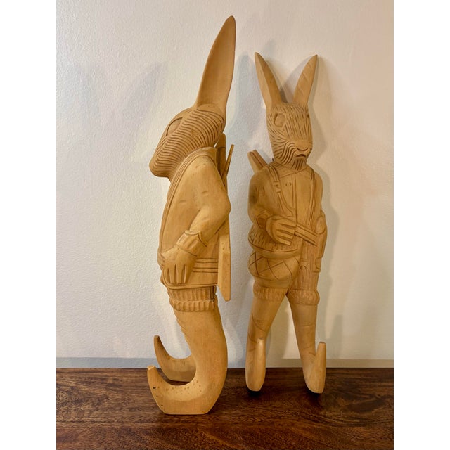 Vintage Hand Carved Wooden Rabbit Wall Hooks, Coat Rack, Pair, Philippines For Sale - Image 9 of 9