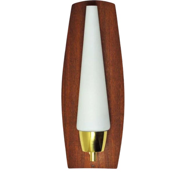 Scandinavian Modern Wall Light in Teak Brass and Opaline Glass, 1960s For Sale