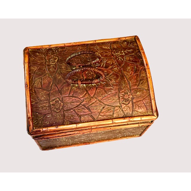 Vintage Hand Carved Bamboo Wooden Storage Box With Woven Handles For Sale - Image 4 of 11