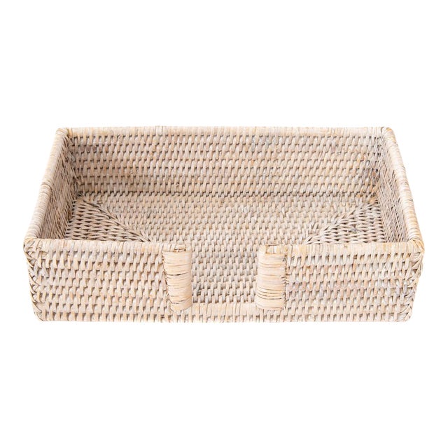 Artifacts Rattan Guest Towel - Rectangular Napkin Holder with Cutout in White Wash For Sale
