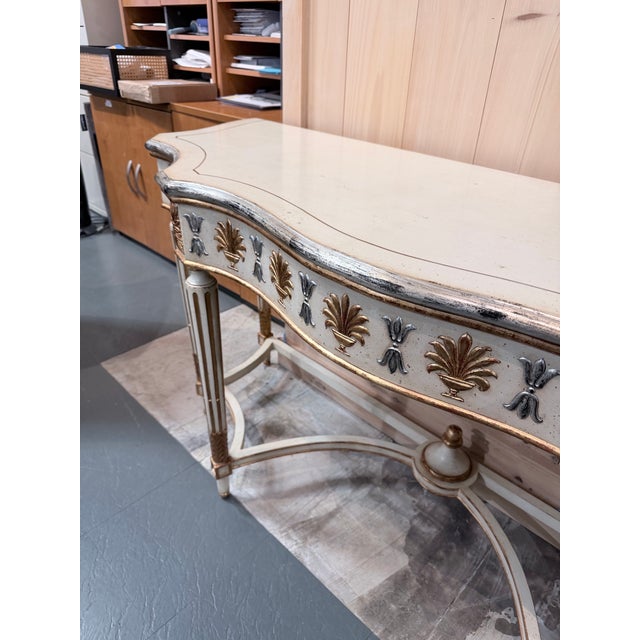 Vintage Louis XVI Style Painted Demi Lune Console Table With Gilt Accents For Sale In New York - Image 6 of 8