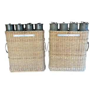 Early 20th Century Pair of World War II Wicker Canister Holders With Canisters For Sale