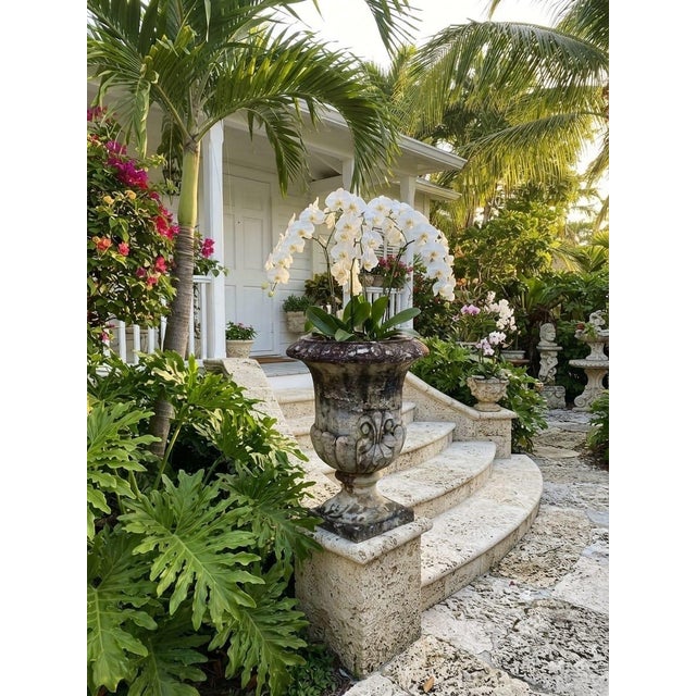 Vintage Classical Cast Stone Garden Urn With Fleur-De-Lis Relief & Weathered Patina For Sale - Image 11 of 12