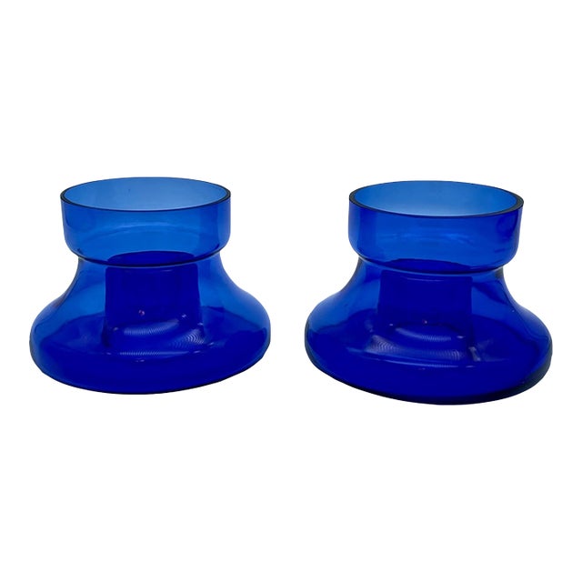 Mid 20th Century Handcrafted Cobalt Blue Glass Candle Holder Set of 2 For Sale