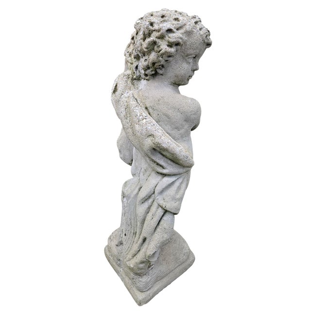 Stone Vintage Garden Cherub Statue Holding Floral Garland For Sale - Image 7 of 8