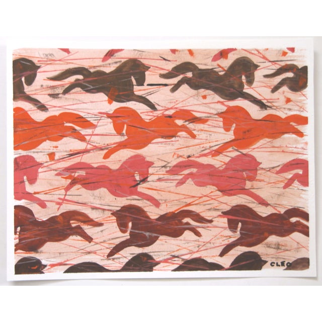 Impressionist leaping Folk Art horses, in orange, coral, raw umber, sepia. Coordinating paintings show here must be...
