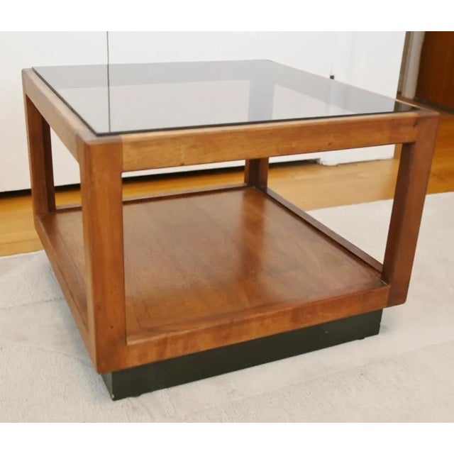 Adrian Pearsall Motivated Seller: 1960s Mid-Century Modern Smoked Glass Walnut Cube Table Attributed to Adrian Pearsall For Sale - Image 4 of 7