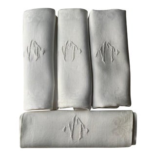 Antique French Damask Linen Napkins, Monogrammed Vt, Iris & Floral Damask, Set of 4 | C. 1900 For Sale