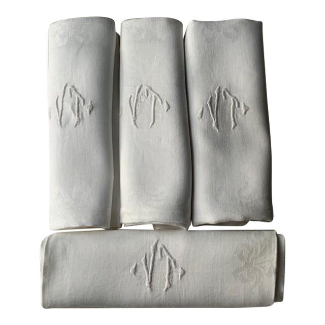 Antique French Damask Linen Napkins, Monogrammed Vt, Iris & Floral Damask, Set of 4 | C. 1900 For Sale