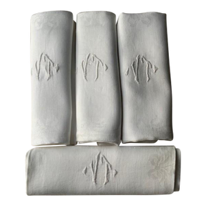 Antique French Damask Linen Napkins, Monogrammed Vt, Iris & Floral Damask, Set of 4 | C. 1900