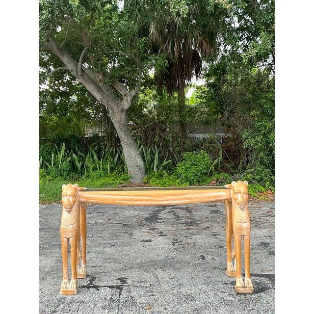 Hollywood Regency Vintage Boho Egyptian Revival Carved Lions Head Console Table For Sale - Image 3 of 11