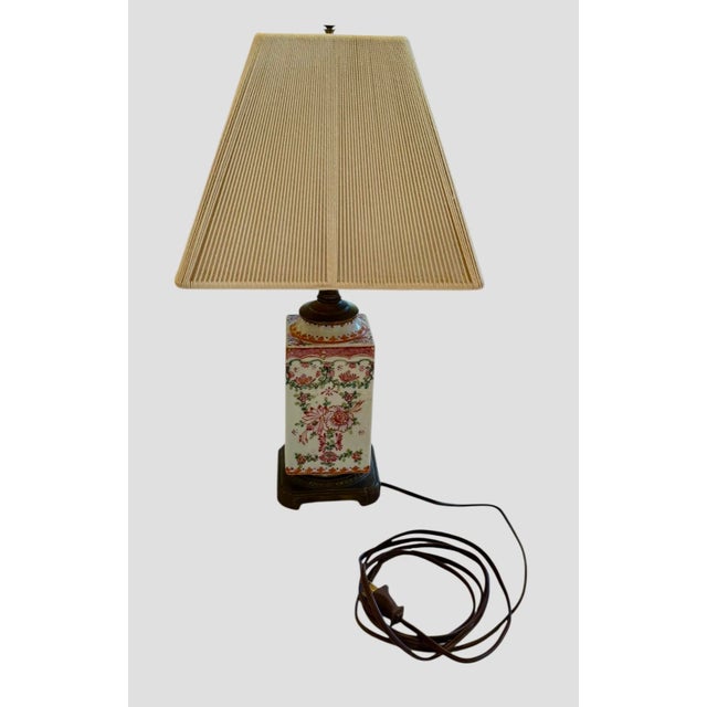 Chinoiserie Vintage Chinoiserie 17 1/2” Table Lamp With Famille Rose Handpainted Porcelain Design on Brushed Brass Base For Sale - Image 3 of 12
