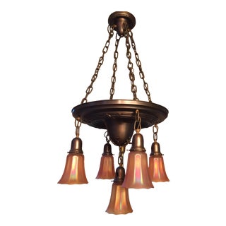 Vintage Five Light Brass Hanging Pan Fixture With Nuart Shades For Sale