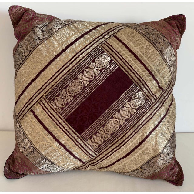 One-of-a-Kind Indian Silk Sari Brocade Pillow, Zari Embroidery, 1980 For Sale In Palm Springs - Image 6 of 15